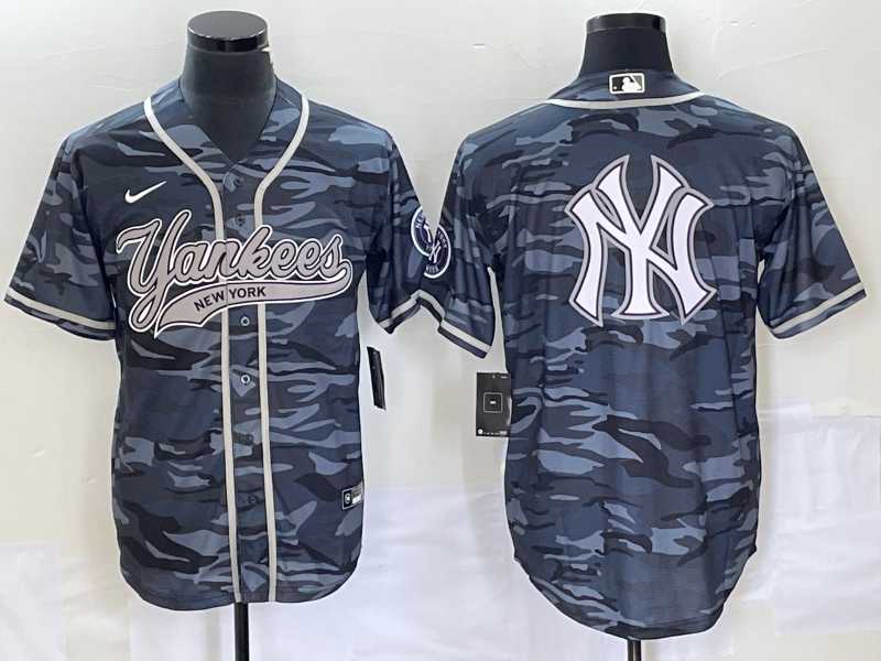Men%27s New York Yankees Gray Camo Team Big Logo With Patch Cool Base Stitched Baseball Jersey
